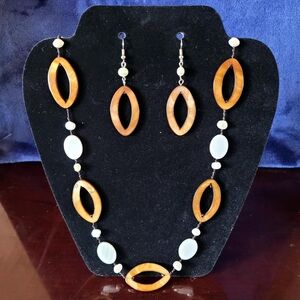 Gloss Brown Wood and Stone Bead Earrings and Necklace Set